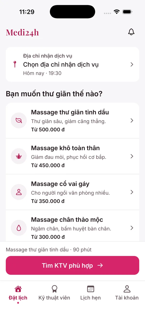 Màn hình chính ứng dụng Medi24h: chọn dịch vụ massage tại nhà và xem giá