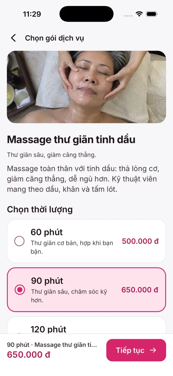 Màn hình chọn thời lượng massage thư giãn tinh dầu 60, 90, 120 phút với giá cố định
