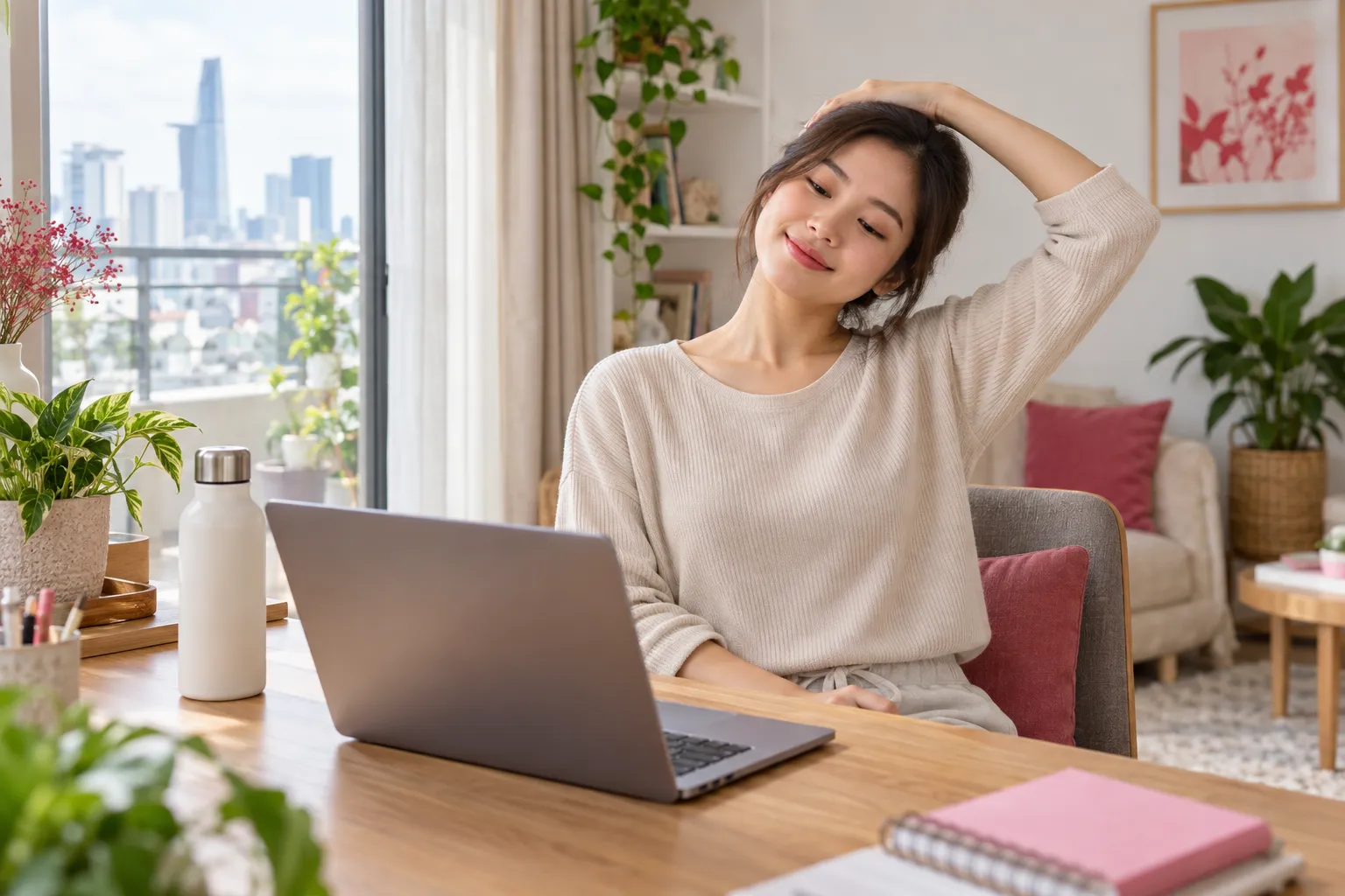 Người phụ nữ ngồi ở bàn làm việc nghiêng đầu giãn cơ cổ để giảm đau mỏi vai gáy