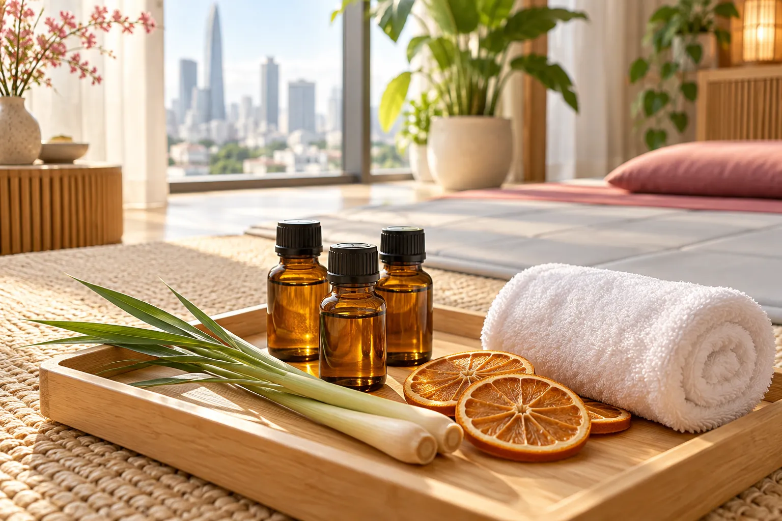 Những chai tinh dầu massage màu hổ phách bên bó sả và khăn bông