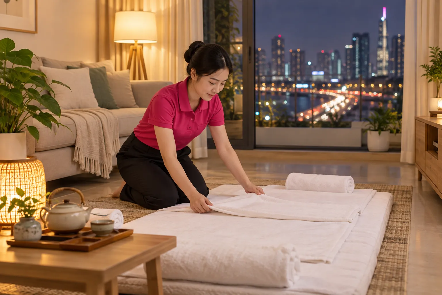 Góc massage tại nhà ấm cúng buổi tối với tấm lót, khăn và đèn thành phố ngoài cửa sổ