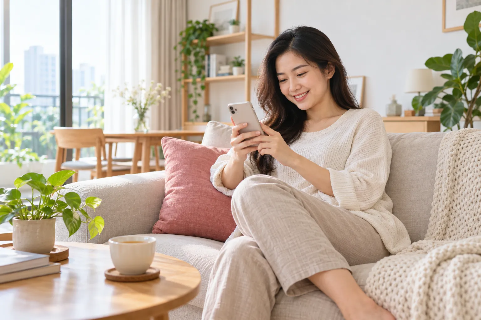 Người phụ nữ ngồi trên sofa đặt lịch massage tại nhà trên điện thoại