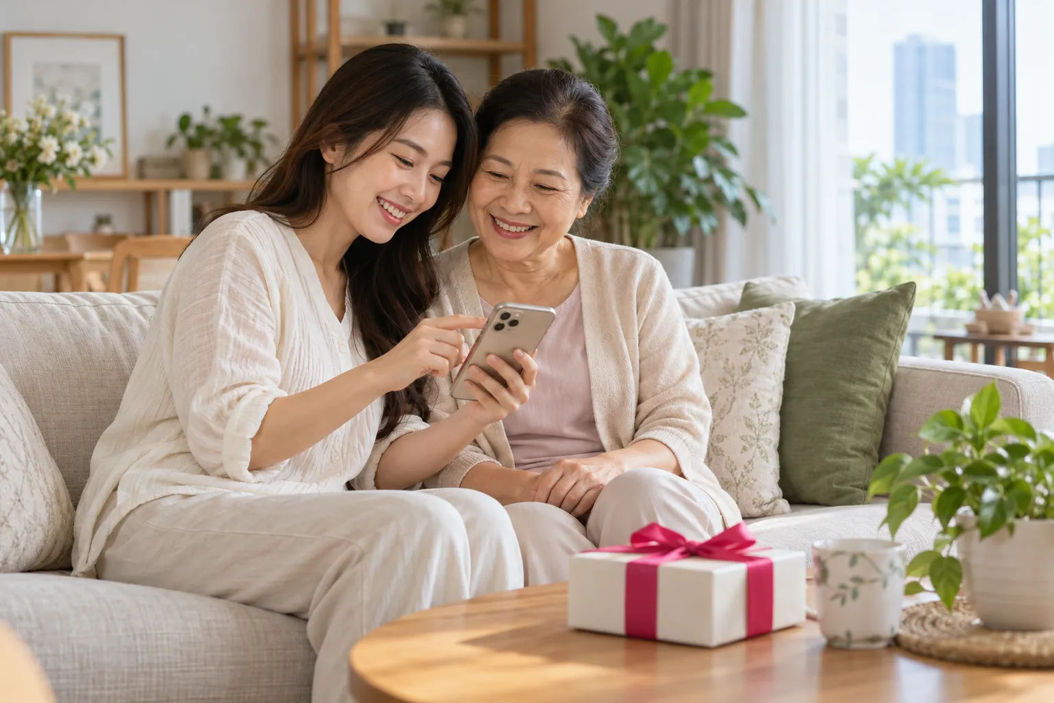 Con gái cho mẹ xem điện thoại bên hộp quà, tặng mẹ một buổi massage tại nhà