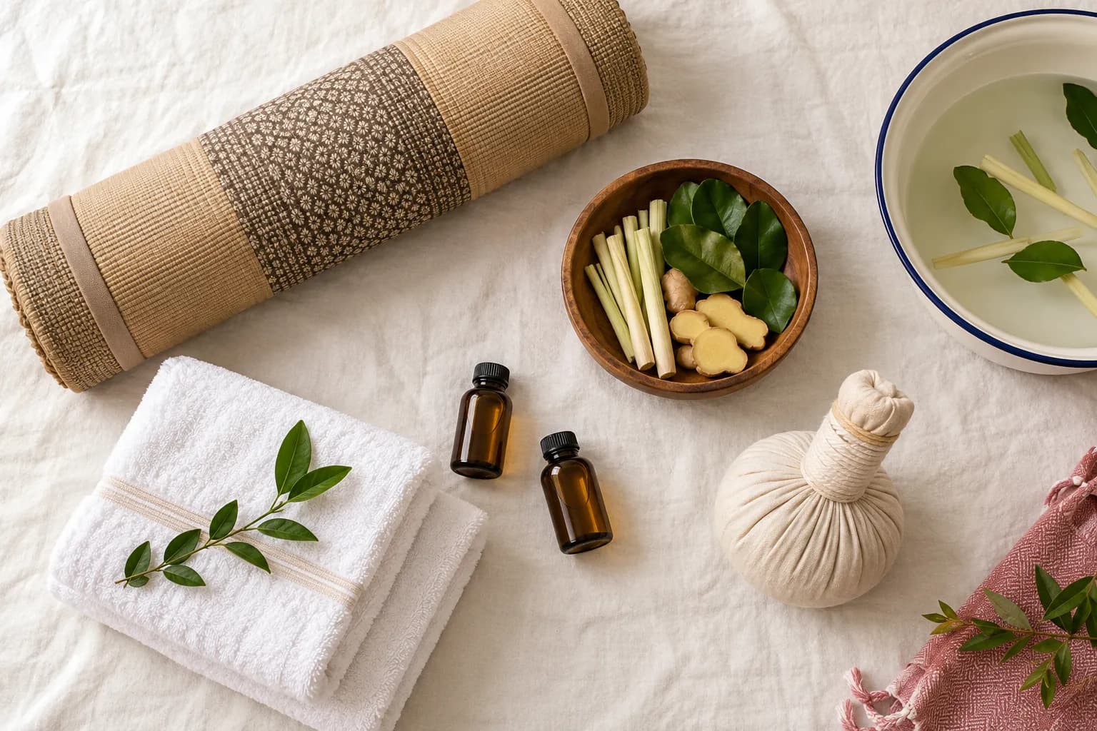 Bộ dụng cụ massage tại nhà gồm tấm lót, khăn, tinh dầu, thảo mộc và chậu ngâm chân xếp gọn