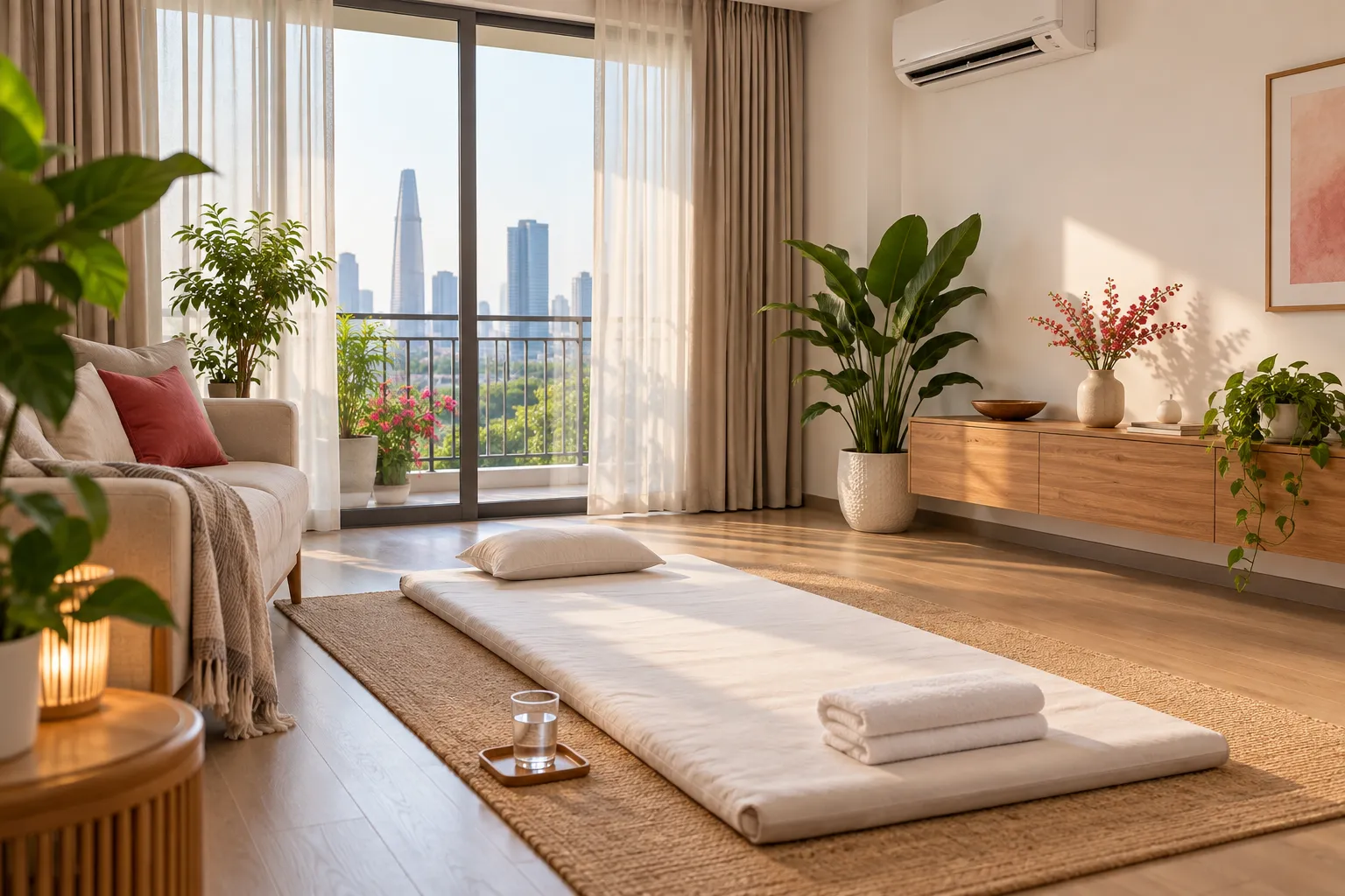 Góc phòng đã chuẩn bị sẵn tấm lót, khăn, gối và ly nước cho buổi massage tại nhà
