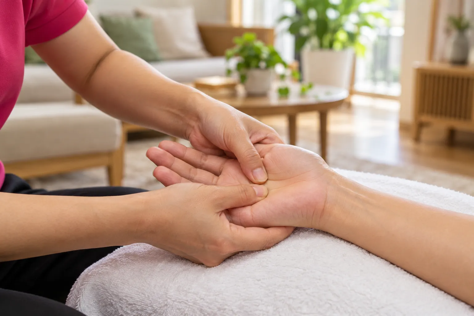 Ngón tay cái ấn vào lòng bàn tay khi bấm huyệt tại nhà
