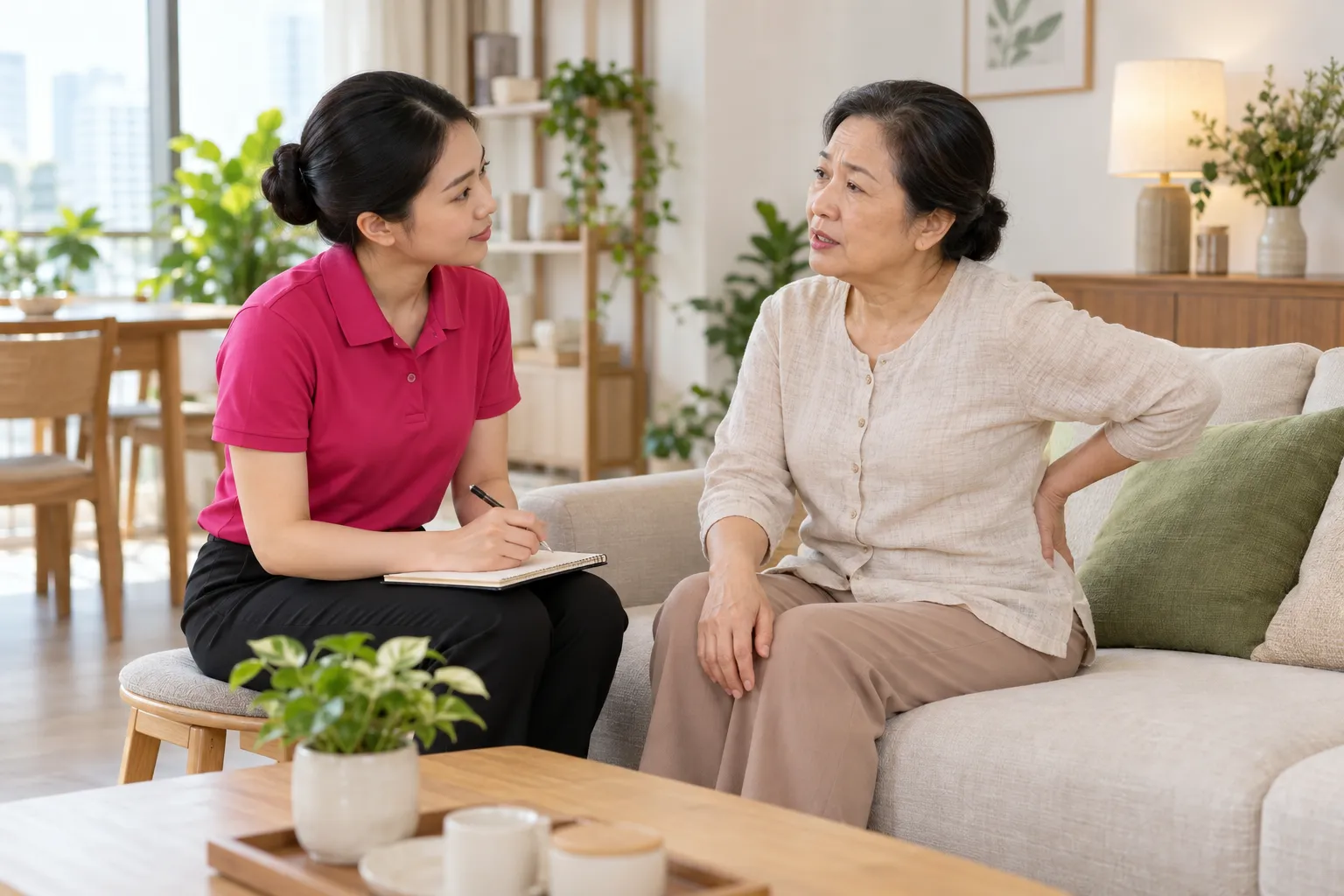 Kỹ thuật viên lắng nghe người phụ nữ lớn tuổi chỉ vào vùng thắt lưng