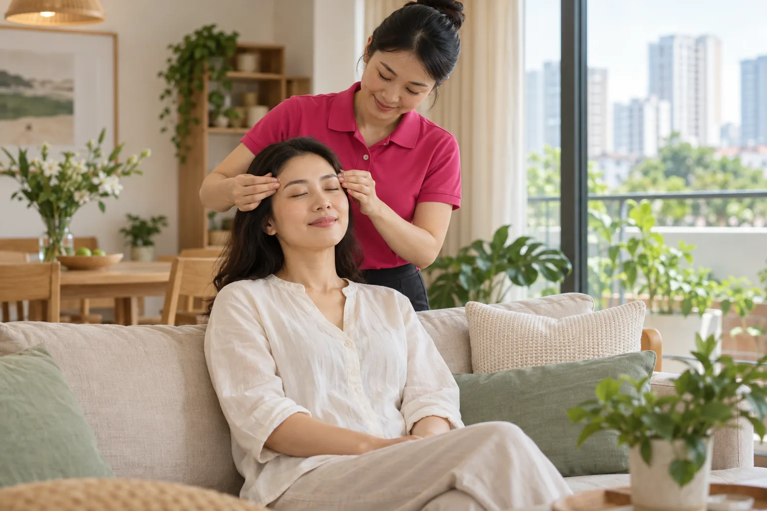Phụ nữ ngồi trên sofa được massage thái dương