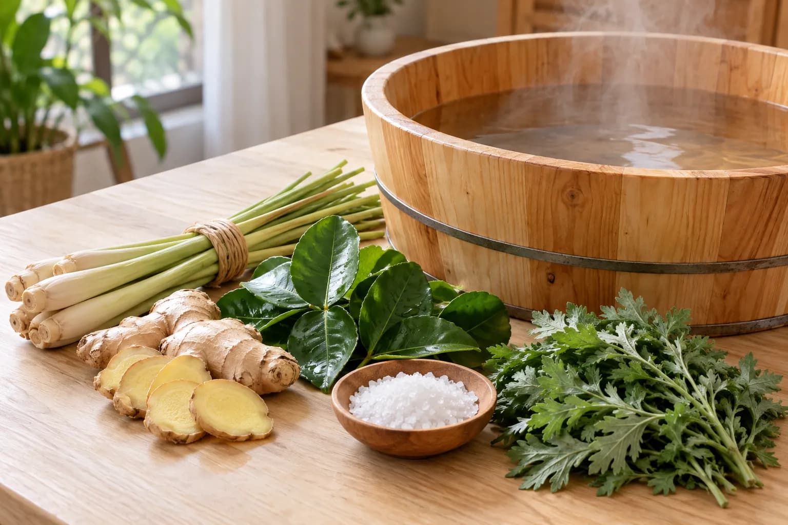 Gừng, sả, lá bưởi, muối hạt bên chậu nước thảo mộc đang bốc hơi để ngâm chân