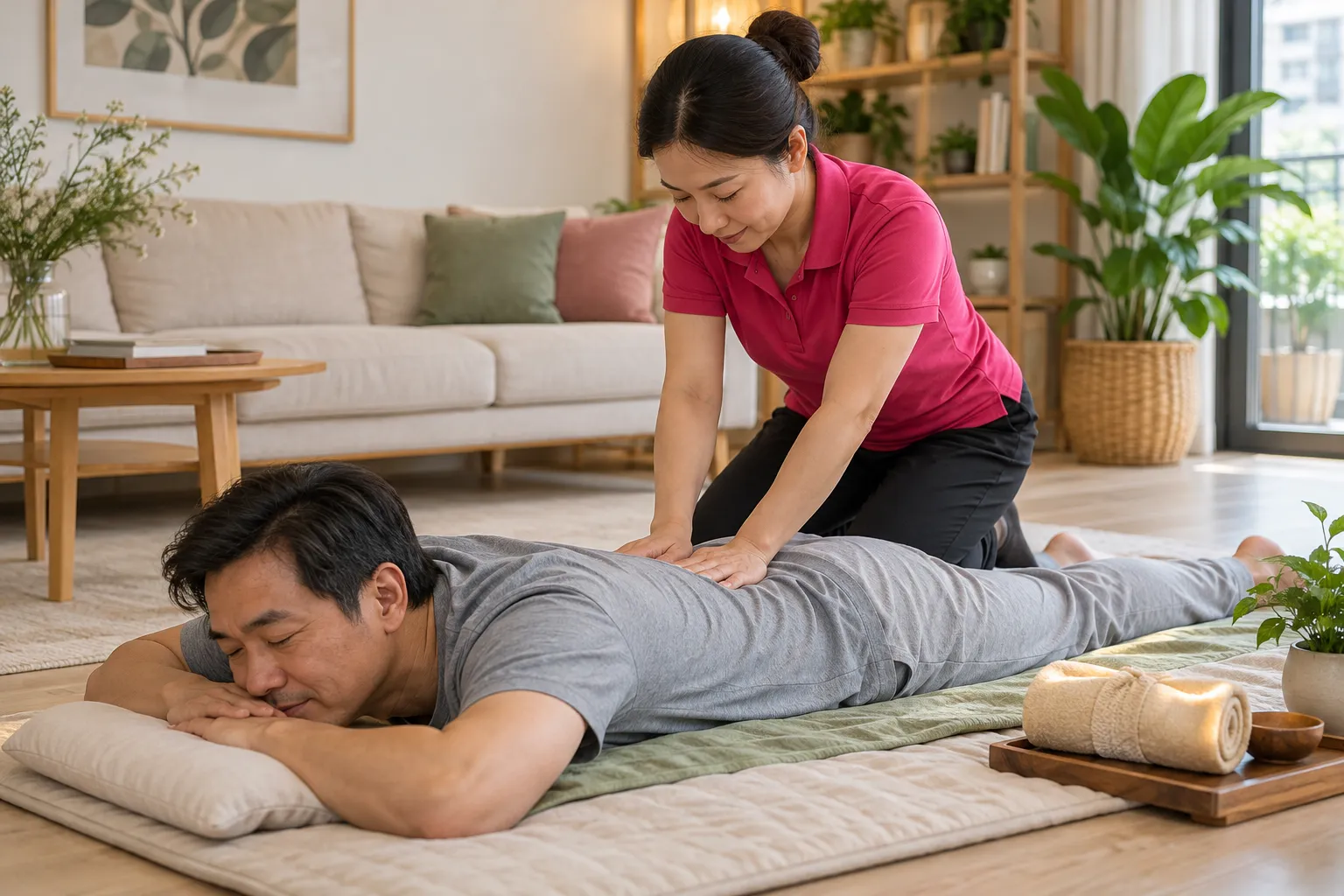 Kỹ thuật viên ấn vùng thắt lưng cho người đàn ông nằm sấp mặc áo thun tại nhà