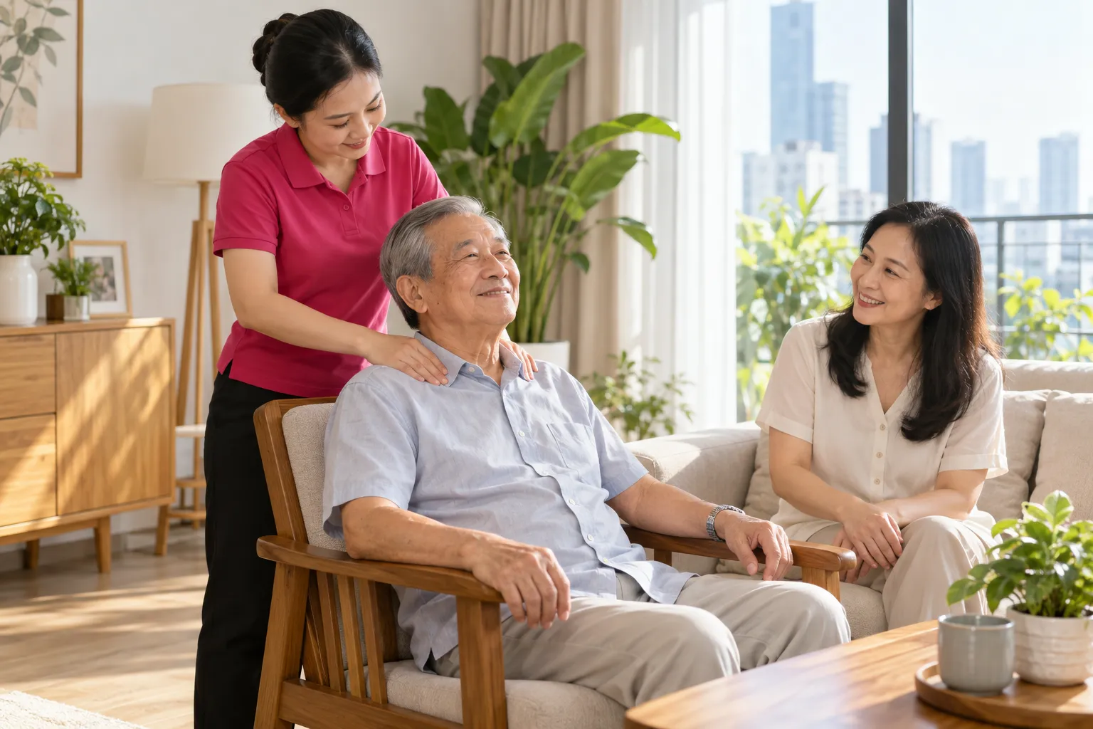 Kỹ thuật viên massage vai cho cụ ông ngồi ghế bành, con gái đứng bên mỉm cười