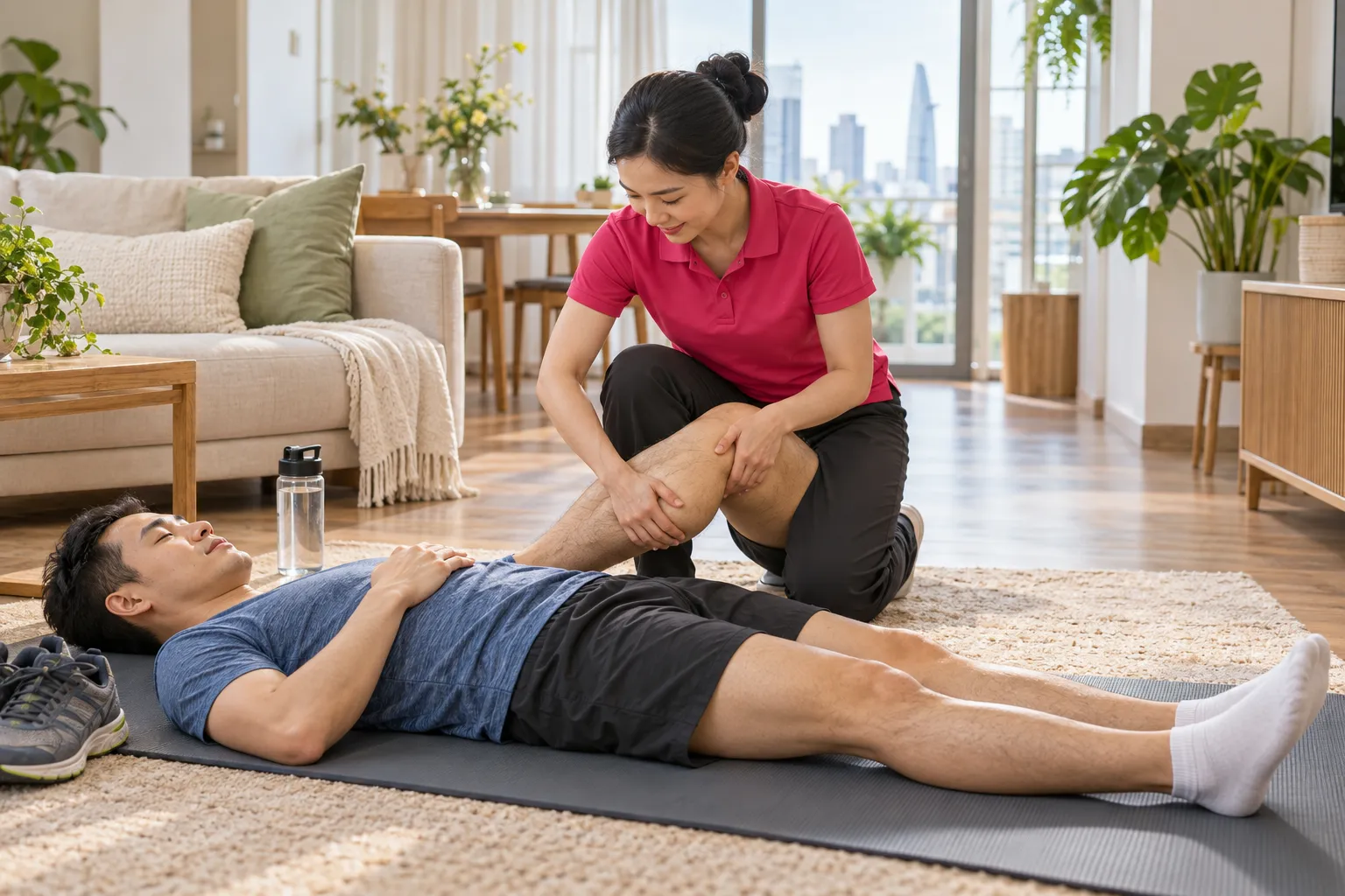 Kỹ thuật viên massage bắp chân cho người chạy bộ nằm trên tấm lót tại nhà