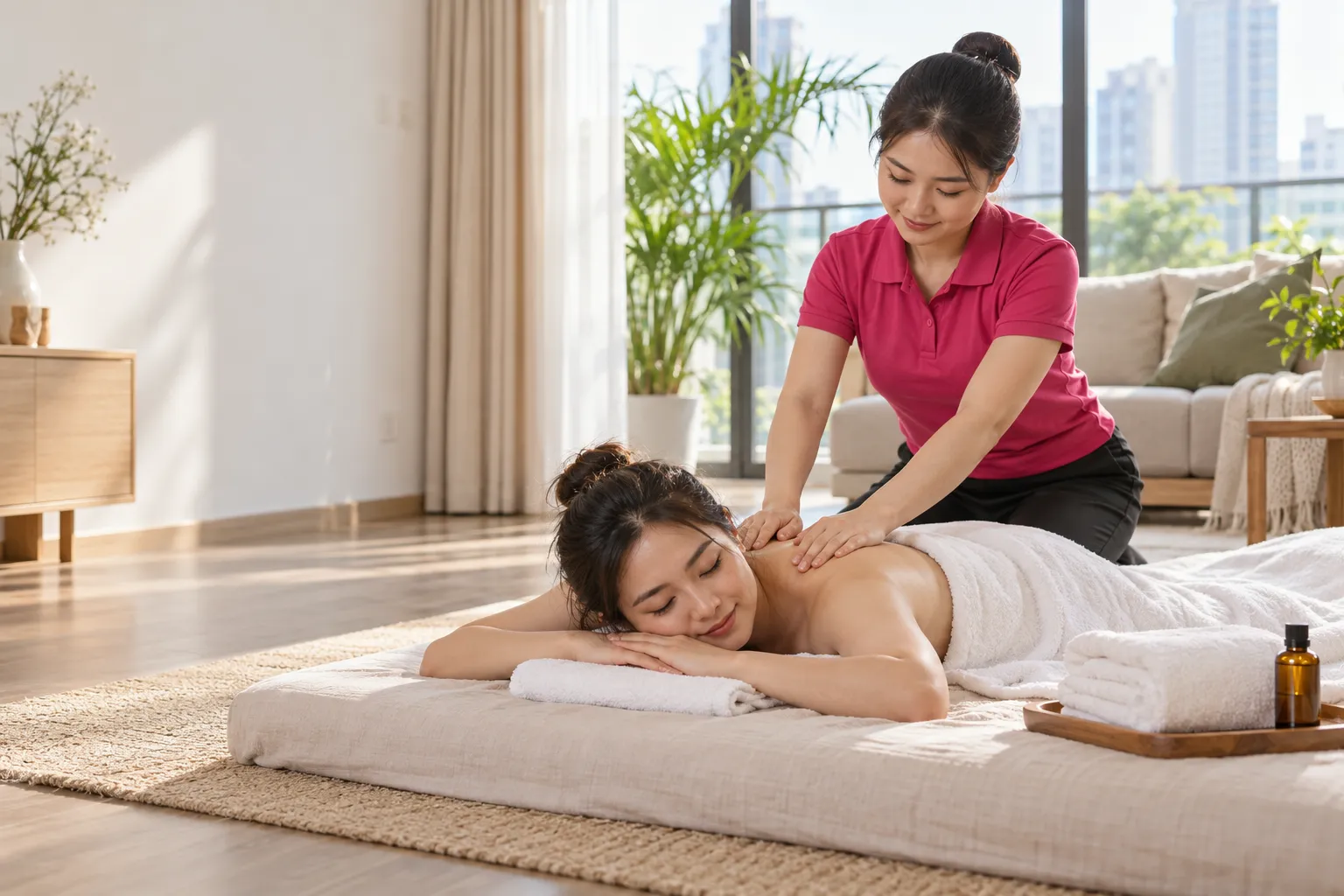 Kỹ thuật viên massage lưng cho người phụ nữ nằm trên tấm lót trong phòng khách, chăm sóc sức khỏe tại nhà