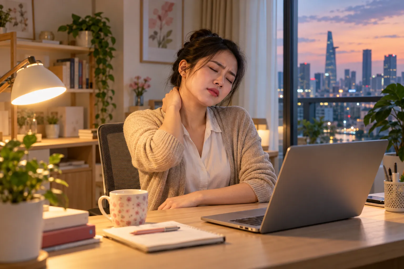 Người phụ nữ mệt mỏi xoa cổ khi ngồi làm việc ở bàn máy tính tại nhà, cần massage cổ vai gáy