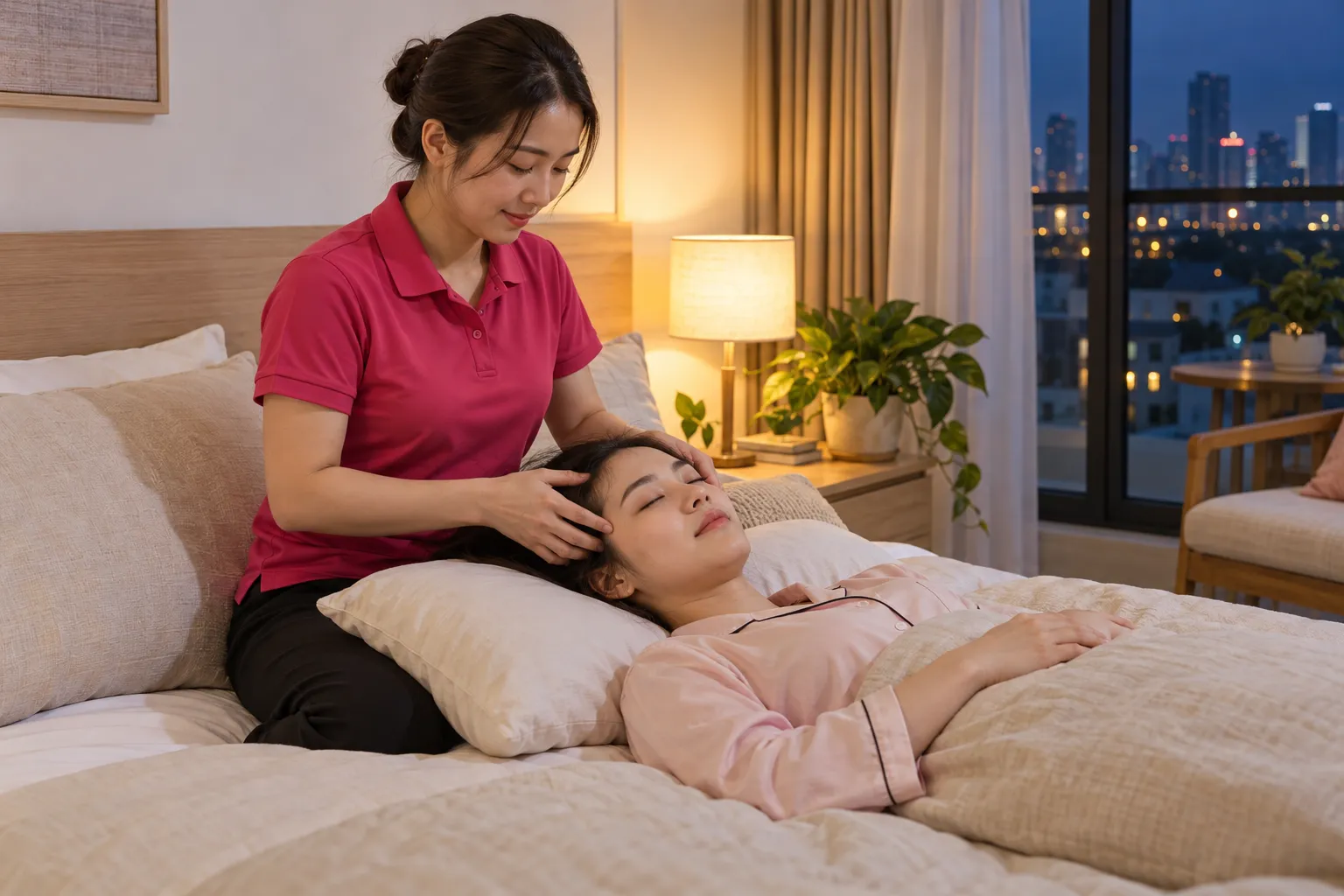 Kỹ thuật viên massage đầu và thái dương cho khách bên giường ngủ buổi tối