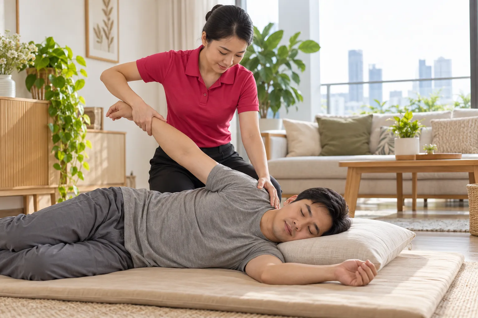 Kỹ thuật viên kéo giãn tay và ấn huyệt vai cho khách nam mặc đồ thoải mái tại nhà