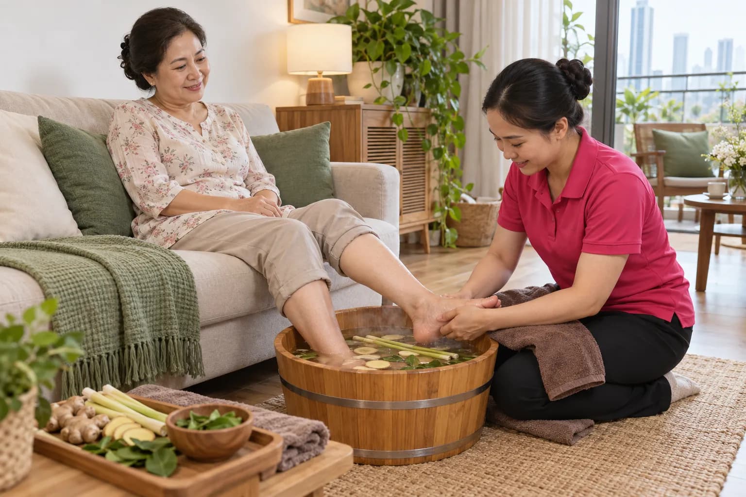 Khách trung niên ngâm chân trong chậu gỗ nước thảo mộc gừng sả, kỹ thuật viên massage bàn chân