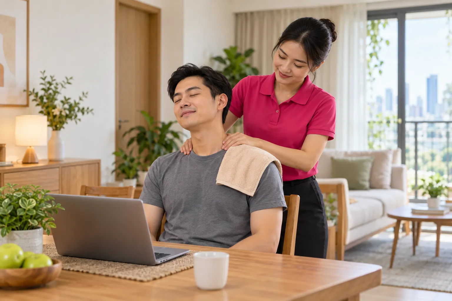 Kỹ thuật viên massage cổ vai gáy cho nhân viên văn phòng ngồi ghế cạnh laptop tại nhà