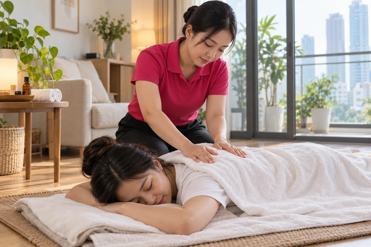 Kỹ thuật viên Medi24h massage lưng bằng tinh dầu cho khách nằm trên thảm tại phòng khách